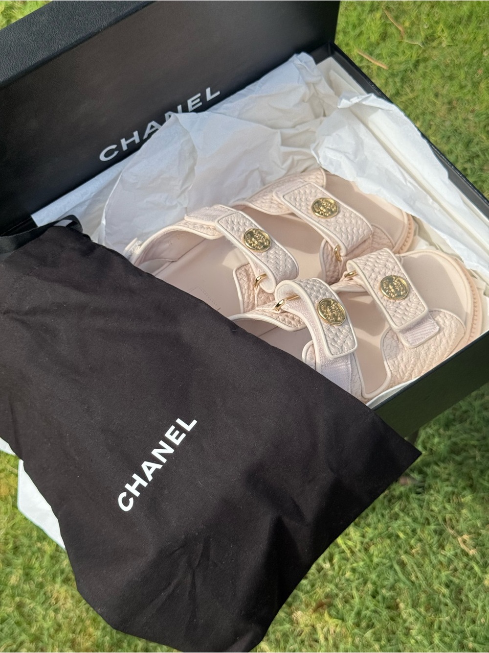 Chanel Pink Calfskin Printed Velcro "Dad" Medallion Sandals - Picture 5 of 6